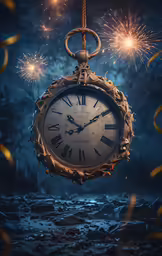 a clock with fireworks and streamers in the background