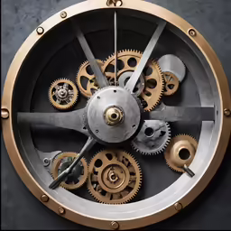 a clock has gears and metal hands on it
