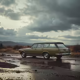 a ford falcon wagon on wet ground with cloudy skies in background