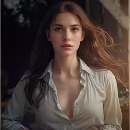 the young girl has long hair and a white shirt on