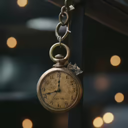 a chain with an old clock on it hanging on the wall