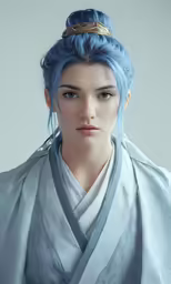 an asian female with blue hair and bangs