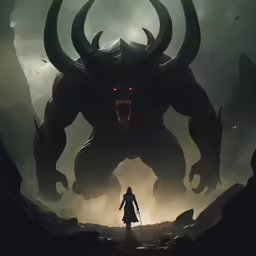 a demonic monster stands in front of another creature