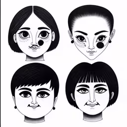 three images of an older woman and one young man,various female head shapes with facial expressions,four faces, three asian girls with different facial shapes,four drawings of four different women,the four faces of a woman in three different positions