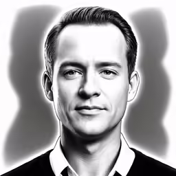 a black and white photo of a man with short hair