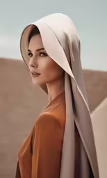 a woman in brown stands against a desert background