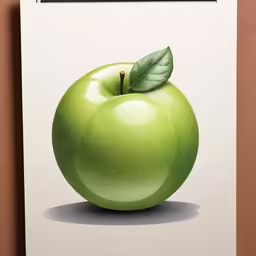 a painting of an apple with green leaves on it