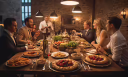 group of people sitting at a table with food and wine
