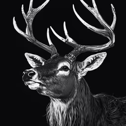 a black and white deer with big horns,a close up of a deer with antlers