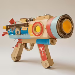 the toy rifle has a red, yellow, and blue barrel