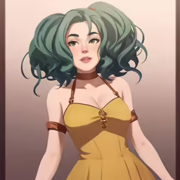 a woman with green hair is standing in a yellow dress