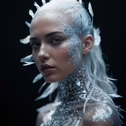 a white - haired girl with long hair and feathers in white and grey makeup