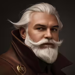 a man with white hair and a beard wearing a trench coat
