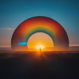 the sun is setting on top of the large art object