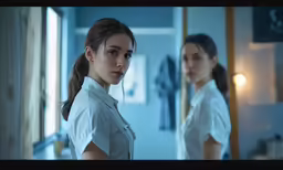 two young women in white shirts, standing near a mirror