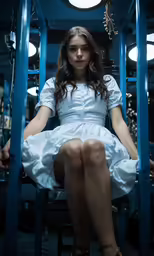 a woman in a white dress sitting inside of a blue and metal structure
