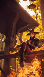 the woman in the costume is sitting on the bench