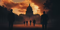 the government building is in front of two silhouetted people walking