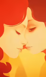 a couple kissing each other and an orange background