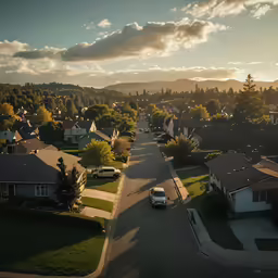 a view from the rooftop of an apartment building looking down a residential street