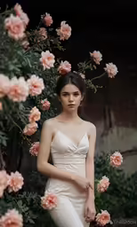 a woman in white and a bunch of pink roses