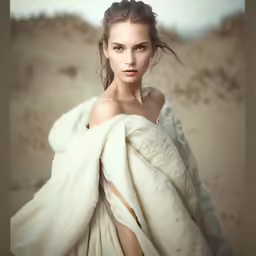 a woman wrapped in a blanket with her hair blowing back