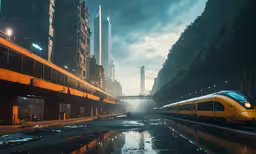 an image of a subway coming up a train track,a yellow train traveling down train tracks through a city