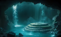 a man is standing in a cave by a waterfall