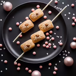 pink and white sprinkled marshmallows, two lollipop sticks on black plate