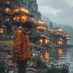 a man in a jacket stands next to a lake, with several houses lit up
