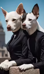 two dogs in suits sit next to each other