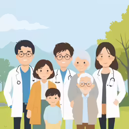 family with their doctor and nurse standing together