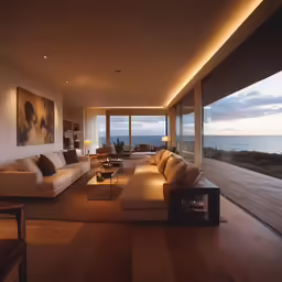 a living room with a nice view of the ocean