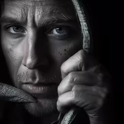 a man looks straight into the camera as he holds a gray object in his hand
