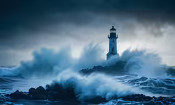 a lighthouse surrounded by a big wave in the ocean