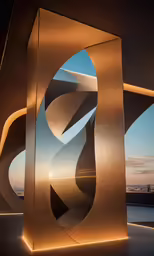 an abstract sculpture with a sunset and a body of water