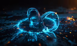 a woman floating down in the water while holding a ring