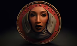 a woman with black lips in a circular mirror