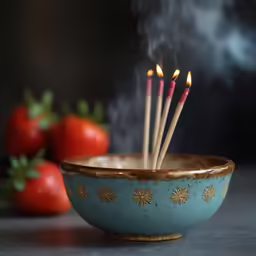 a bowl with four matches in it near tomatoes