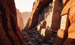 a view inside an ancient canyon with stone walls and rocks and a person walking down one side