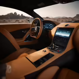 the interior of a car with a brown leather dash and info display