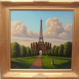 a painting depicting the eiffel tower with people standing in front,painting of a painting of a church in paris