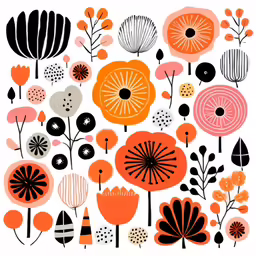 abstract floral artwork in orange, red and black