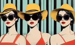 three women in hats wearing sunglasses and red bathingsuits