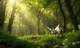 dog in forest with horns flapping at bird
