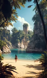 there is a woman walking down the beach in the middle of some trees