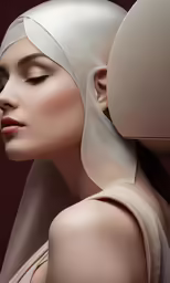 a woman wearing a white dress with her hair in a head scarf