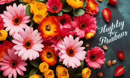 flowers are arranged on the table and happy birthday wishes