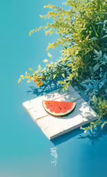 watermelon sliced into four pieces on the edge of a blue pool