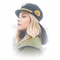 a woman in black and green is wearing a hat